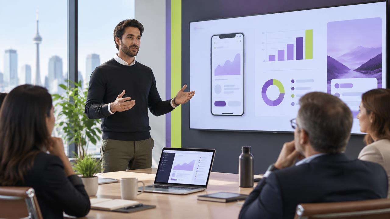 Male founder presenting a pitch deck and laptop product demo to investors