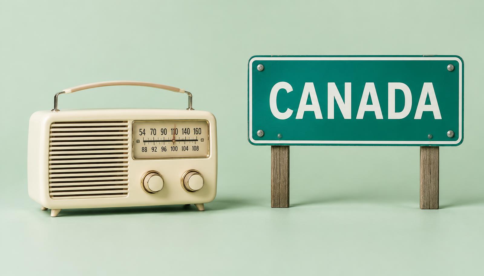Vintage radio beside a Canada destination sign
