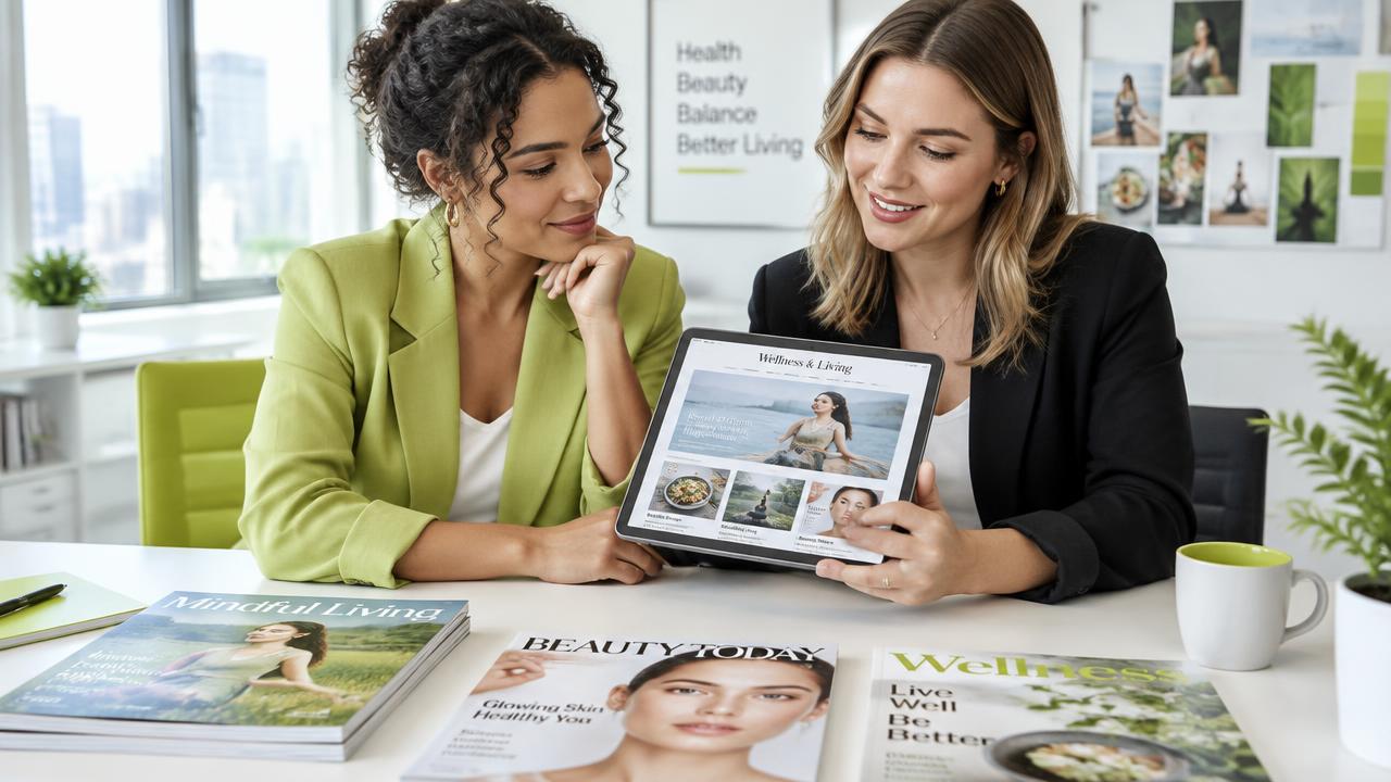 Two professionals reviewing a women-focused online publication on a tablet
